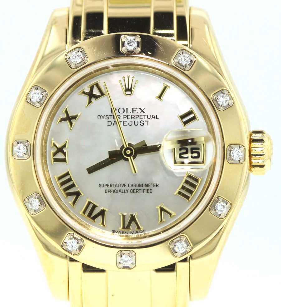Ladies 18KT Gold Rolex Pearlmaster Diamonds with MOP Di: "Ladies 18KT Gold Rolex Pearlmaster Diamonds with MOP Dial ACR1. Excellent Condition! NL10531DS. Authentic original ladies 18KT gold ladies Pearlmaster with MOP dial and 12 diamond bezel 80318. "M" Se