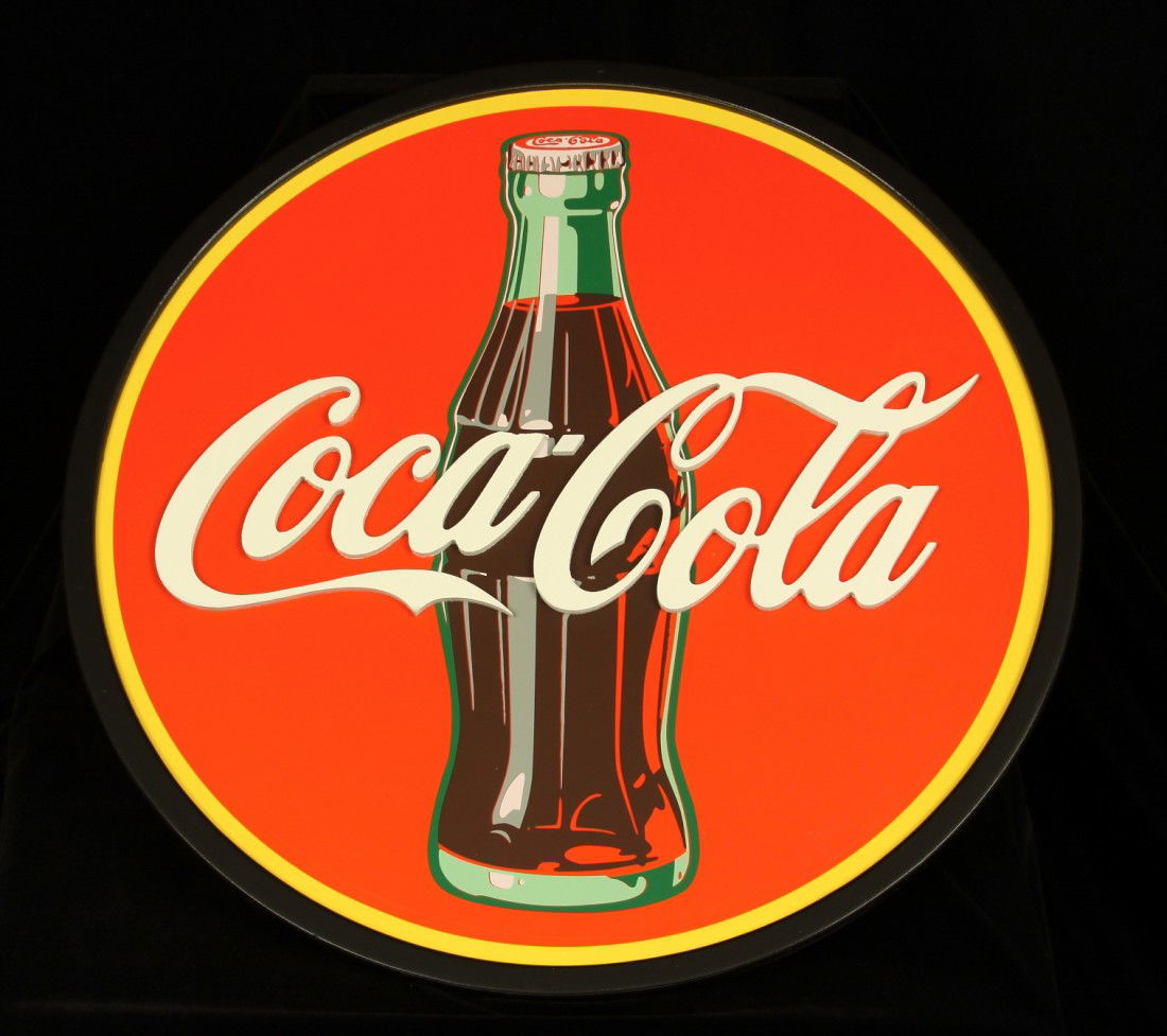 "Coca-Cola Script & Bottle " Sign GM13: Coca-Cola Script & Bottle " Sign GM13. Excellent Condition! JS32XA. One "Coca-Cola Script & Bottle" sign measuring 18" diameter. Thank you for viewing this lot! We are always adding new inventory and