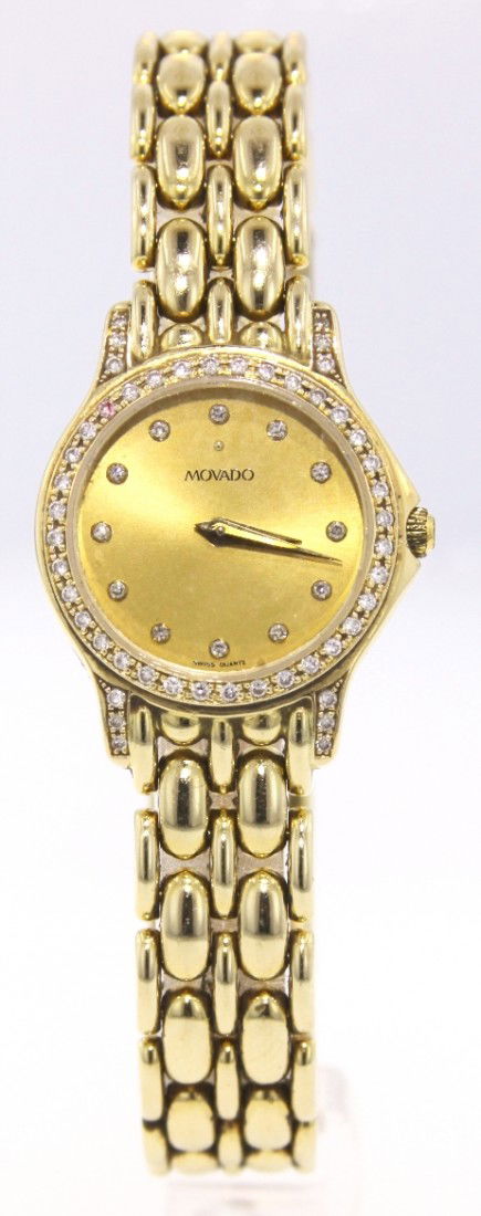 Movado 14KT Gold and Diamond Wristwatch WBS91: Movado 14KT Gold and Diamond Wristwatch WBS91. Great Condition! FK1091YA. One ladies, cast and die struck Movado Lumeti style wristwatch electronicallyt ested 14KT yellow gold. Bezel: diamond. Crystal