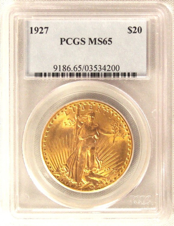 1927 $20 PCGS MS65 St. Gaudens Double Eagle Gold Coin G: 1927 $20 PCGS MS65 St. Gaudens Double Eagle Gold Coin GFR21. As-Is Condition! PK1402GT. 1927 $20 PCGS MS65 St. Gaudens Double Eagle Gold Coin. Thank you for viewing this lot! We are always adding new 
