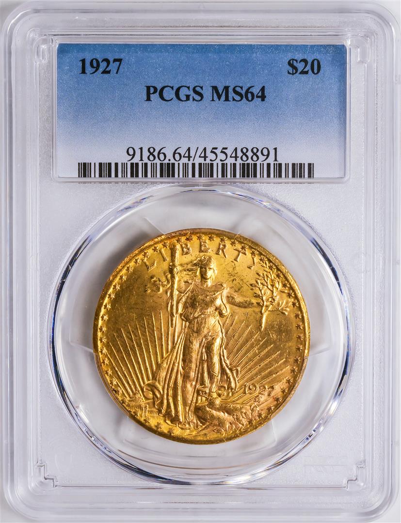 1927 $20 St. Gaudens Double Eagle Gold Coin PCGS MS64: One 1927 $20 St. Gaudens Double Eagle Gold Coin PCGS MS64.