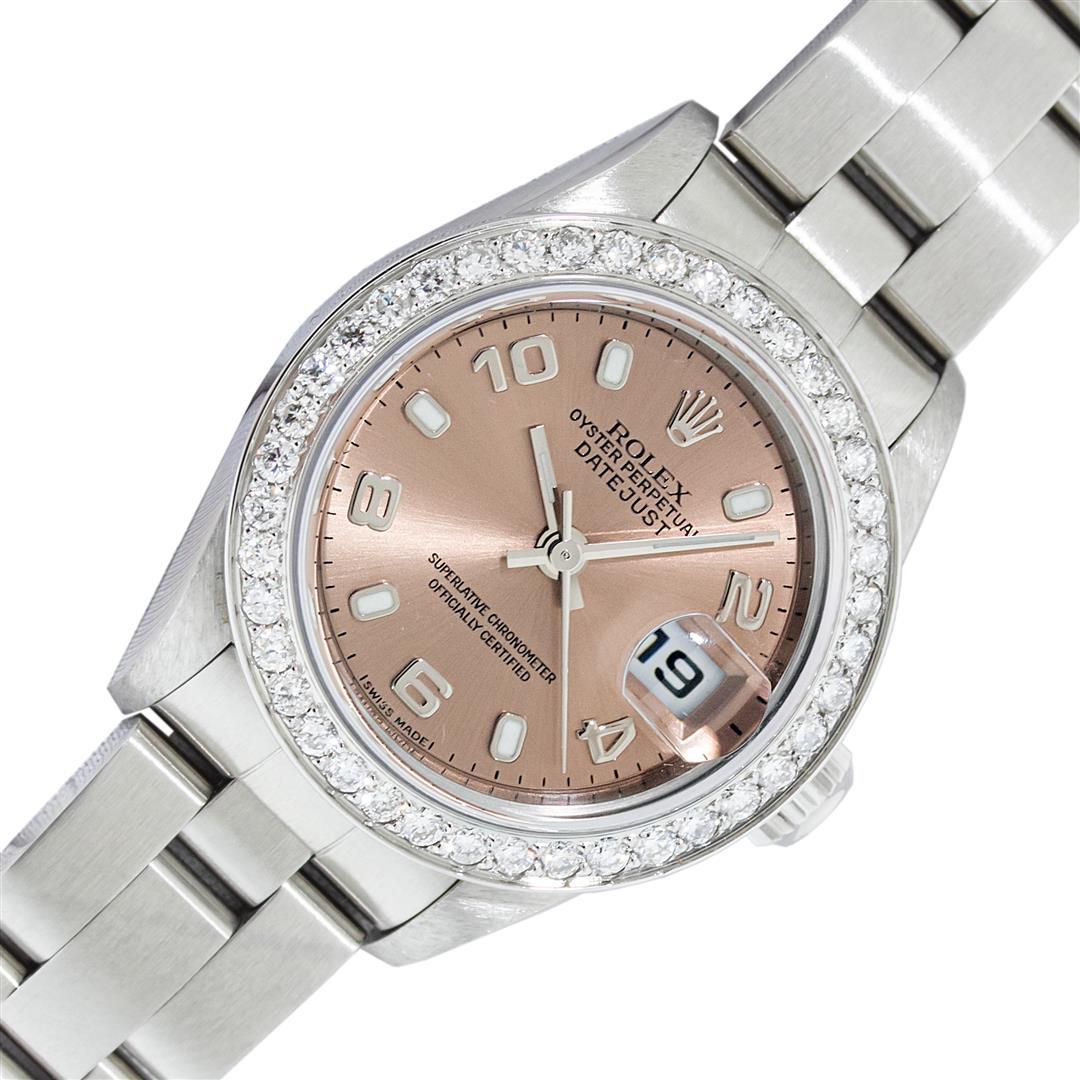 Rolex Ladies Quickset Salmon Arabic Diamond Datejust Wristwatch 26MM: One Ladies Pre Owned Quickset Stainless Steel Rolex Datejust Polished Bright with Satin Finish, Serviced & Electronically Tested, Stainless Steel Case: 26mm, Rolex Stainless Steel Crown, Custom Bezel: