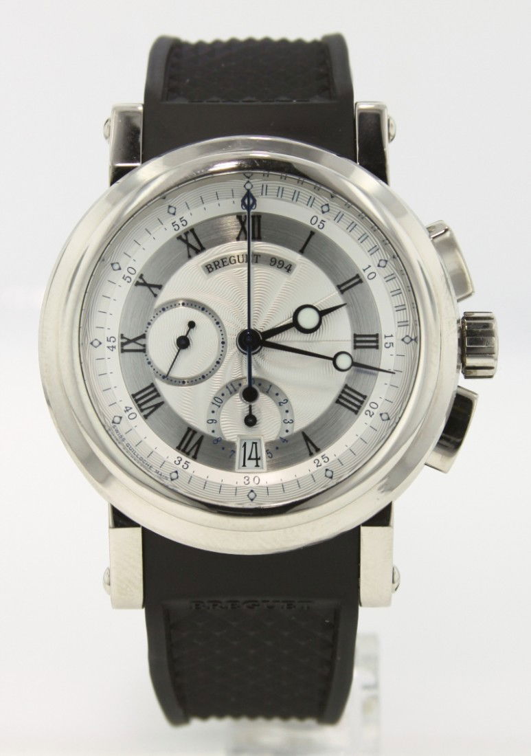 Breguet 18KT White Gold Marine Chronograph Wristwatch M: Breguet 18KT White Gold Marine Chronograph Wristwatch MBS1. Excellent Condition! ZC15291WQ. One gent's, custom cast & crafted Breguet Marine wristwatch electronically tested 18KT white gold, Case: 43m