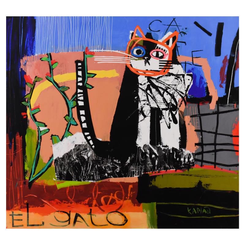 El Gato by Kaplan, Lee: El Gato by Kaplan, Lee. "El Gato" is a limited edition giclee on canvas, numbered inverso and hand signed by Kaplun. Includes Letter of Authenticity. Measures approx. 34" x 31" (image).