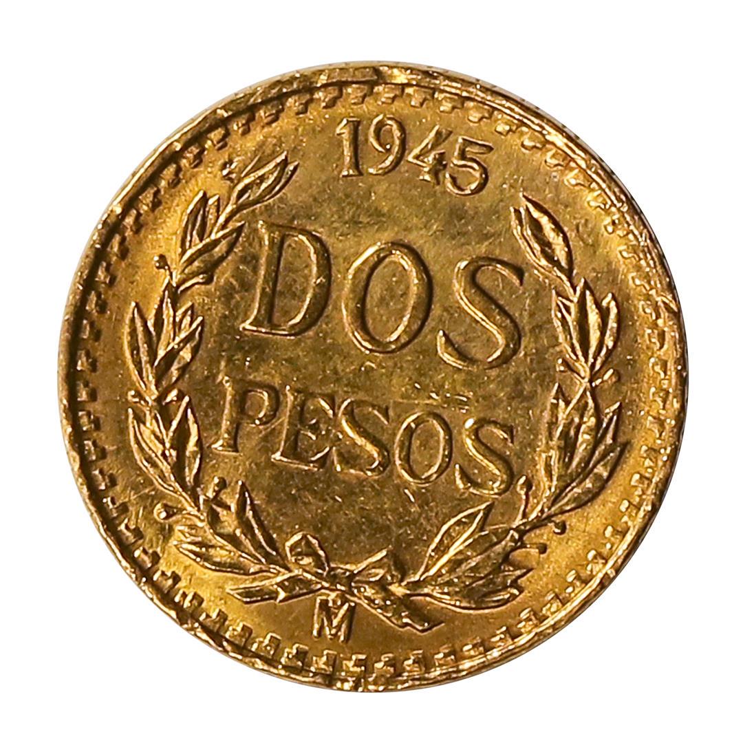 1945 Dos Pesos Mexicanos Gold Coin: One 1945 Dos Pesos Mexicanos Gold Coin.