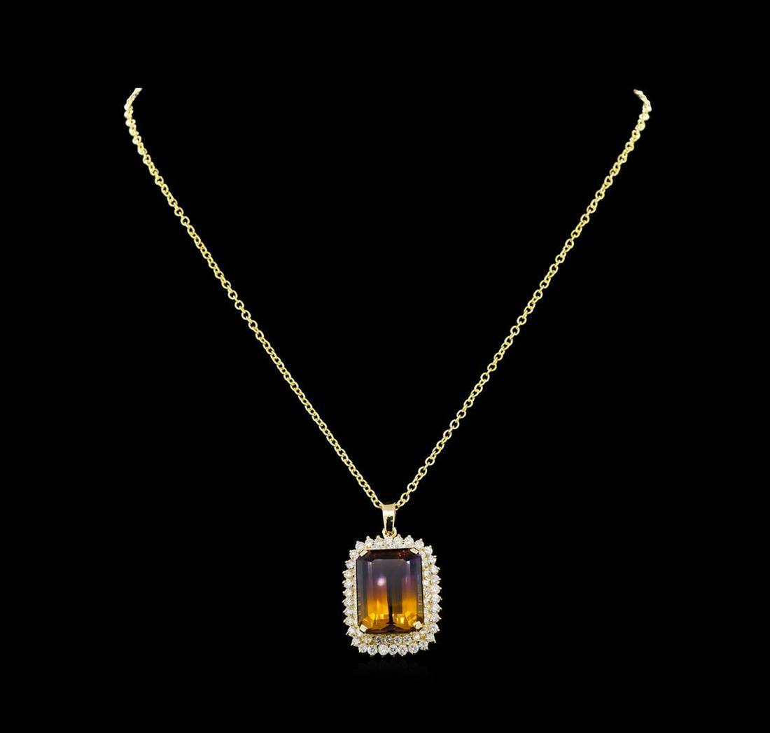 22.70 ctw Ametrine and Diamond Pendant With Chain - 14KT Yellow Gold: One electronically tested 14KT yellow gold lady's combination cast & assembled fashion pendant & chain 18.0" long, 2mm round cable link with a lobster claw clasp with a bright polish finish. Identifie
