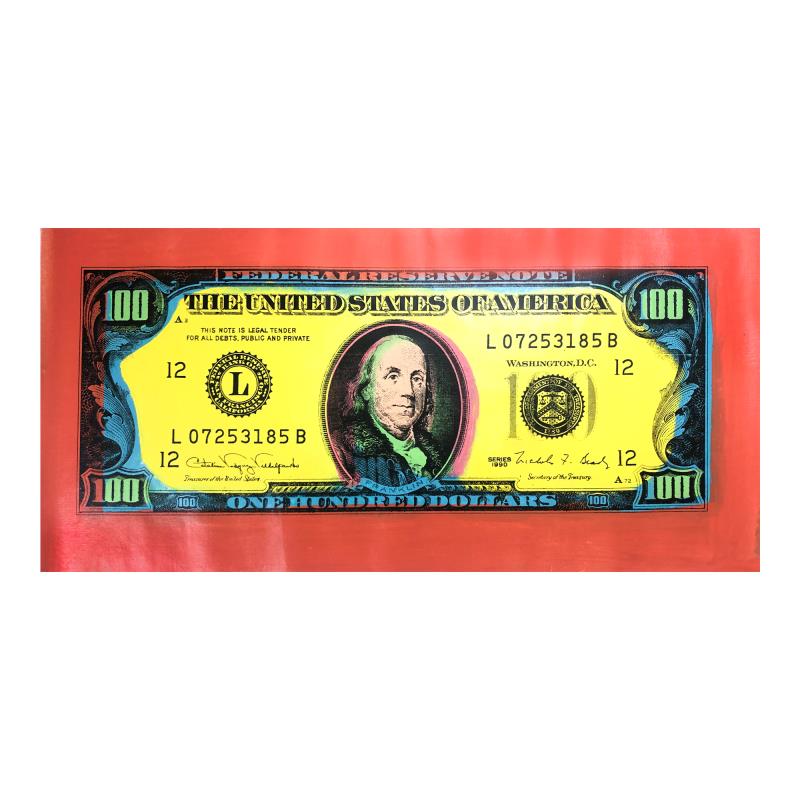 100 Dollar Old Ben Bill By Steve Kaufman (1960-2010): 100 Dollar Old Ben Bill By Steve Kaufman (1960-2010). "100 Dollar Old Ben Bill" is limited edition hand pulled silkscreen unique mixed media on canvas by Andy Warhol protege Steve Kaufman (1960-2010).