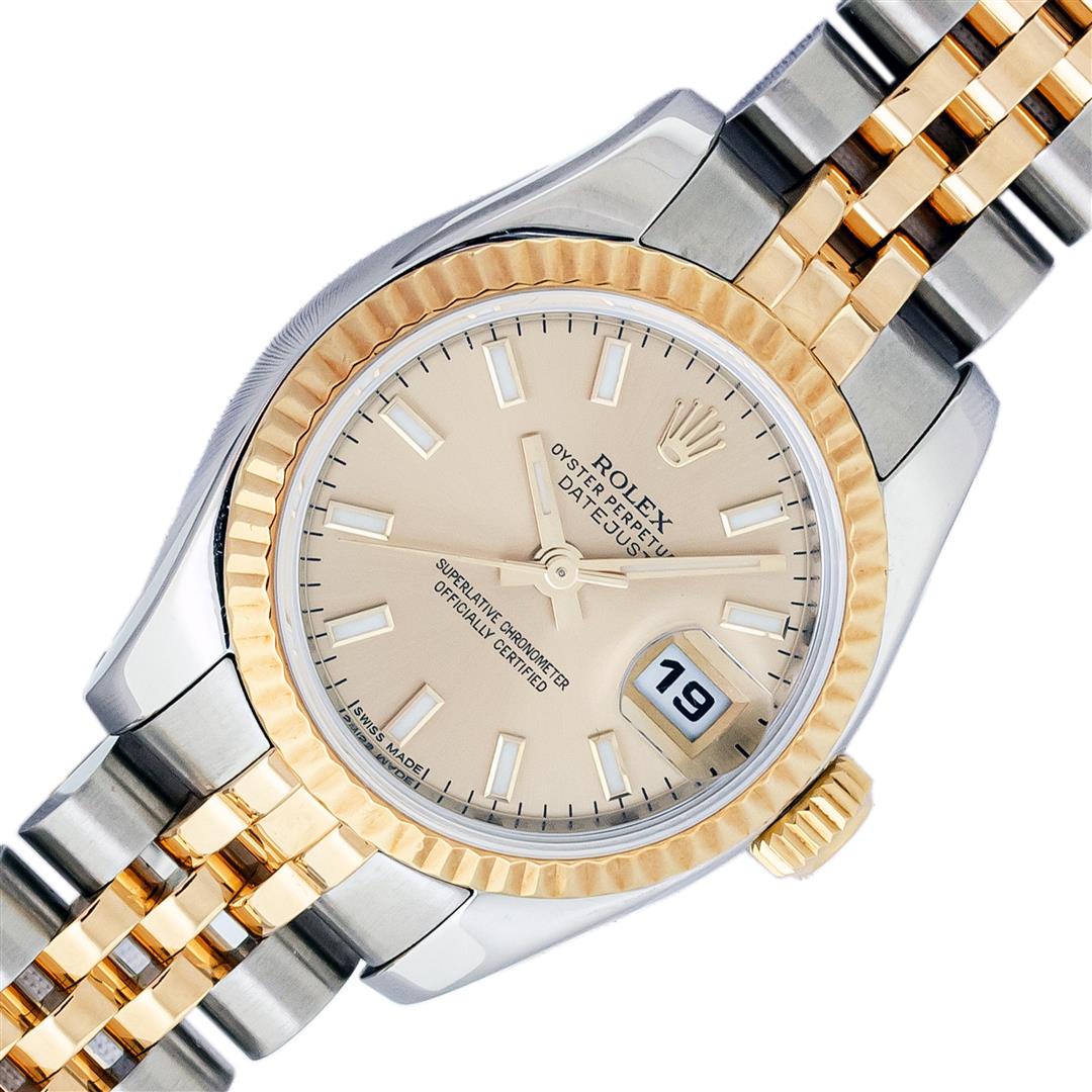 Rolex Sapphire Quickset 2T Champagne Index Datejust Wristwatch 26MM: One Ladies Pre Owned Quickset Sapphire 2T 18K Yellow Gold & Stainless Steel Rolex Datejust Polished Bright with Satin Finish, Serviced & Electronically Tested, Rolex Stainless Steel Case: 26mm, Rolex
