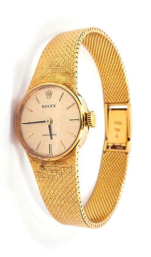Ladies Vintage 18KT Gold Rolex Dress Wristwatch A3405: "Ladies Vintage 18KT Gold Rolex Dress Wristwatch A3405. Good Condition! HM1552CN. One ladies, custom cast and hand crafted Rolex Vintage wristwatch electronically tested 18KT yellow gold. Case: 21mm d