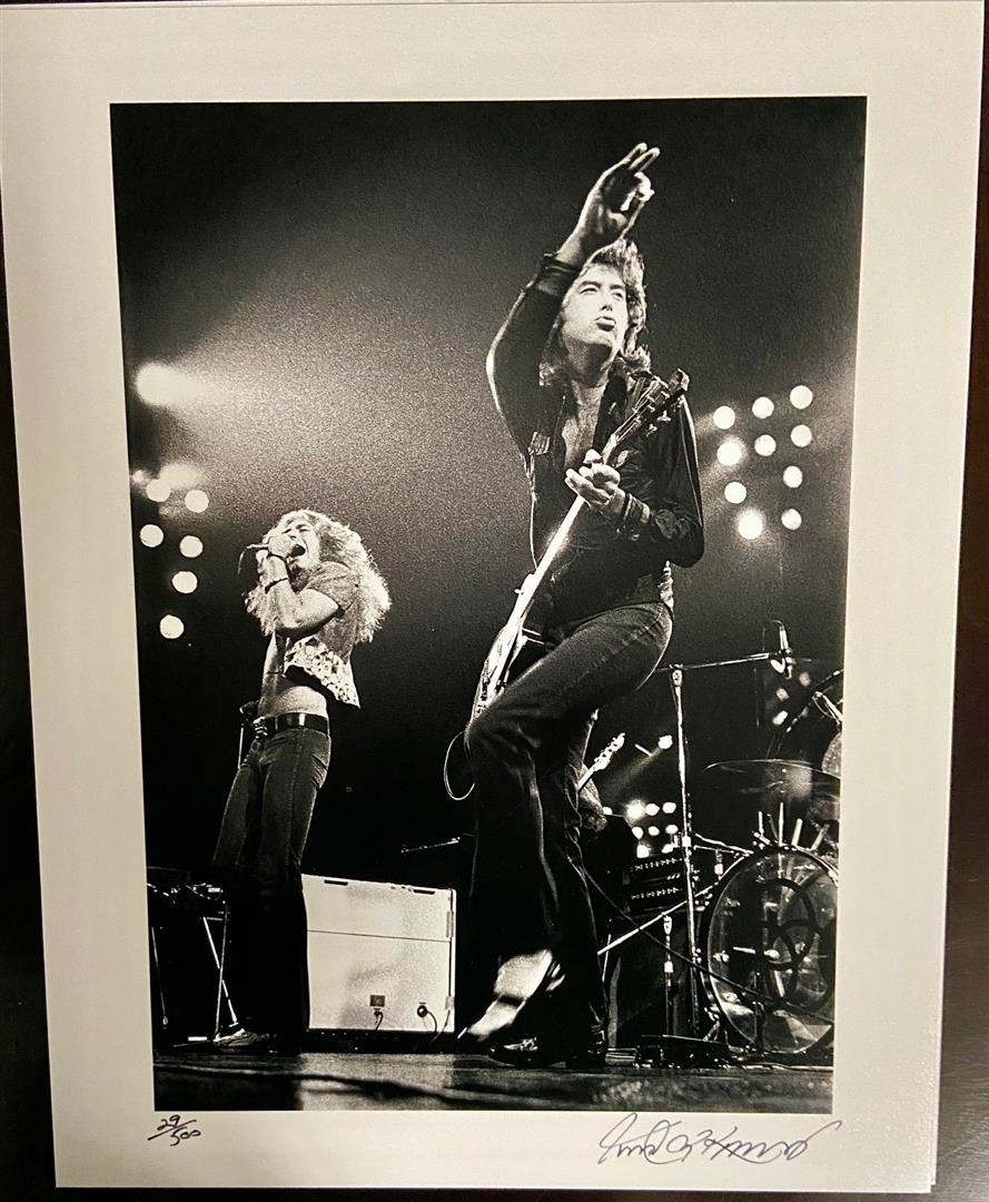 Page & Plant in Concert 1969 by Robert M. Knight: Robert Plant, Jimmy Page on stage with the Zeppelin 1969 Honolulu. Signed AP by famed "Rock Gods" photographer Robert M. Knight 14x11"