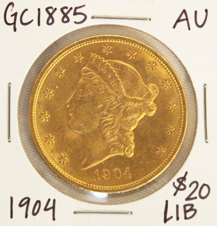 1904 $20 AU Liberty Head Double Eagle Gold Coin GC1885: "1904 $20 AU Liberty Head Double Eagle Gold Coin GC1885. As-Is Condition! WA1291RE. 1904 $20 AU Liberty Head Double Eagle Gold Coin. Thank you for viewing this lot. We are always adding new inventory