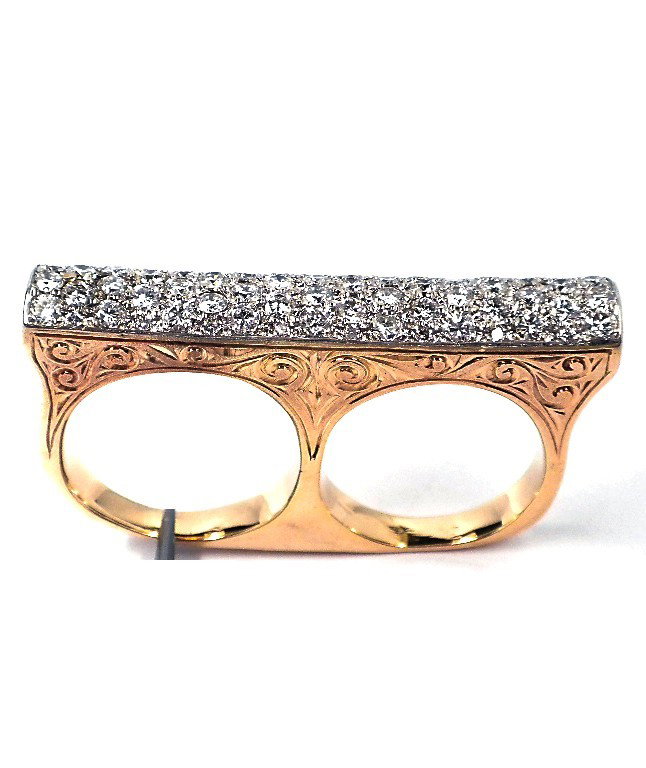14KT Yellow Gold 3ct Custom Cast Diamond Knuckle Ring A: 14KT Yellow Gold 3ct Custom Cast Diamond Knuckle Ring A3614. Good Condition! MB7451UL. One electronically tested 14KT yellow gold custom cast and assembled two finger knuckle ring with a bright and pa