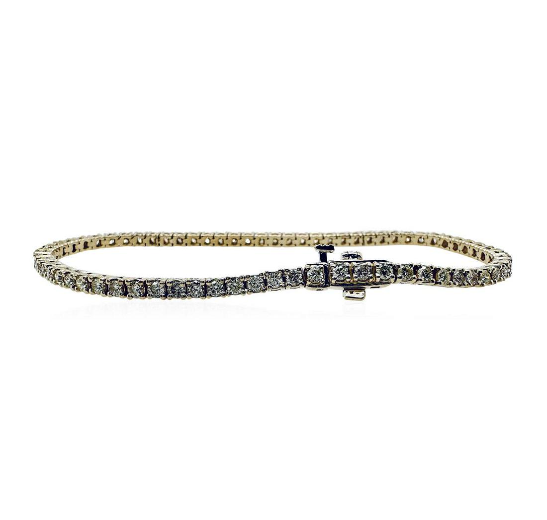 3.36 ctw Diamond Tennis Bracelet - 14KT White Gold: One electronically tested 14KT white gold lady's combination cast & assembled fashion straight line tennis bracelet with a tongue clasp with fold-under safety with a basket motif with a bright polish 