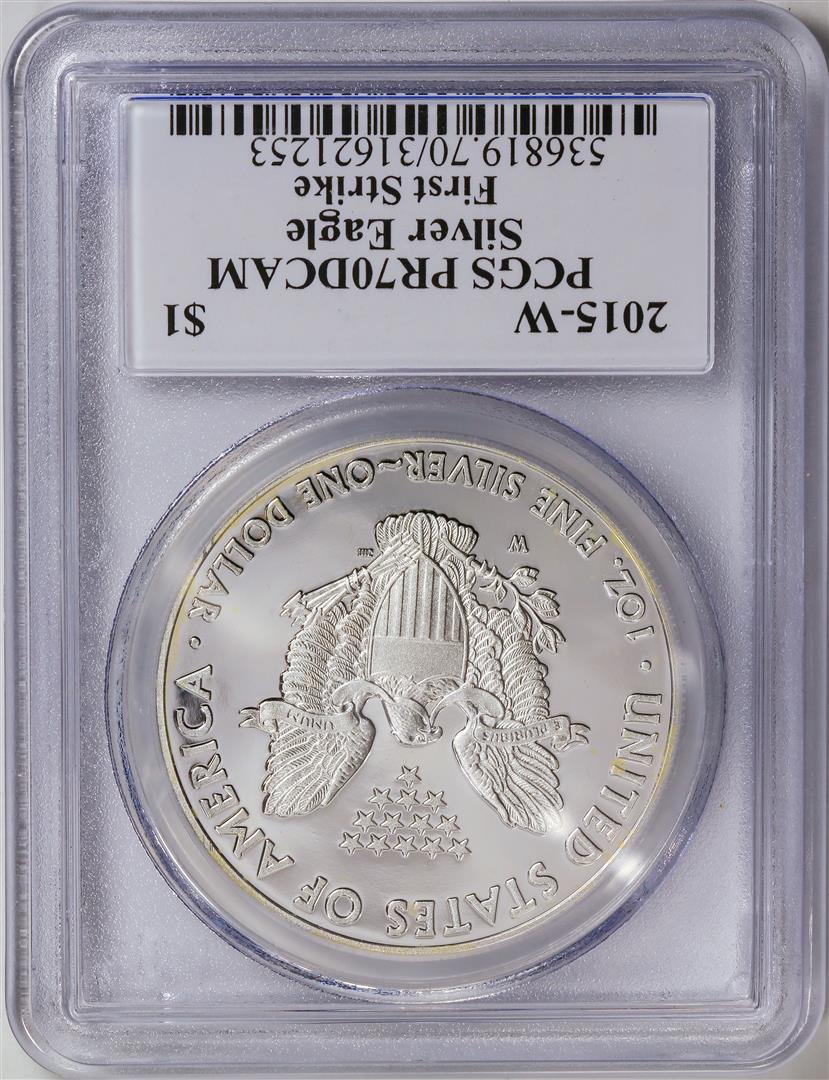 2015-W American Silver Eagle .999 Fine Silver Dollar Coin PCGS PR70DCAM: One 2015-W American Silver Eagle .999 Fine Silver Dollar Coin PCGS PR70DCAM.