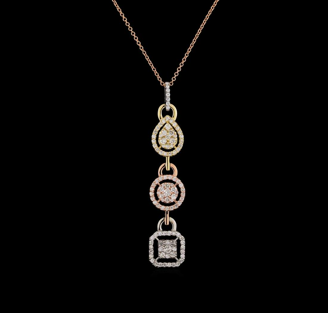 1.28 ctw Diamond Pendant With Chain - 14KT Tri Color Gold: One electronically tested 14KT yellow, white, and rose gold lady's combination cast & assembled fashion pendant & chain 18.0" long, 1.25 round cable link with a lobster claw clasp with a bright polish