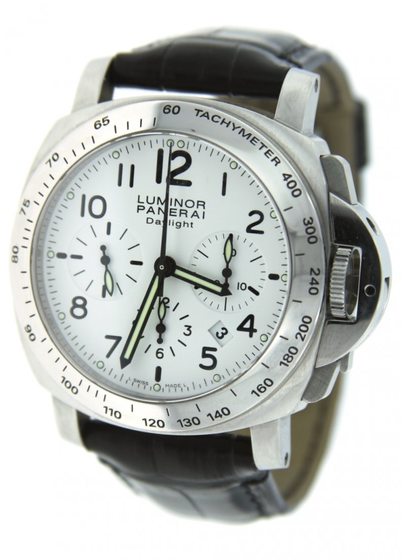Panerai Luminor Chrono Daylight Wristwatch A3819: "Panerai Luminor Chrono Daylight Wristwatch A3819. Excellent Condition! DF1515TR. One gents, custom cast & hand crafted Panerai Luminor Chrono Daylight wristwatch electronically tested stainless steel