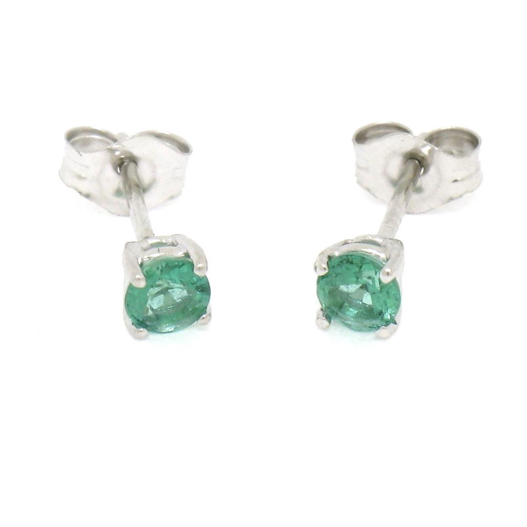 NEW 14k White Gold 0.35 ctw 3.5mm Round Brilliant Emerald Classic Stud Earrings: A new solid 14k white gold stud earrings, featuring 2 round brilliant cur natural emerlads (0.35ctw). The earrings measure approximately 3.5mm in diameter and weigh a total of 0.55 grams.