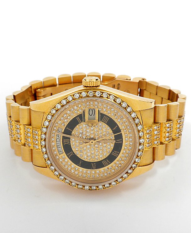Gents 18KT Yellow Gold Rolex President Watch with Diamo: Gents 18KT Yellow Gold Rolex President Watch with Diamonds A3830. Excellent Condition! PY10111GM. One gents, hand crafted & machine milled Rolex DayDate Model the President electronically tested 18KT