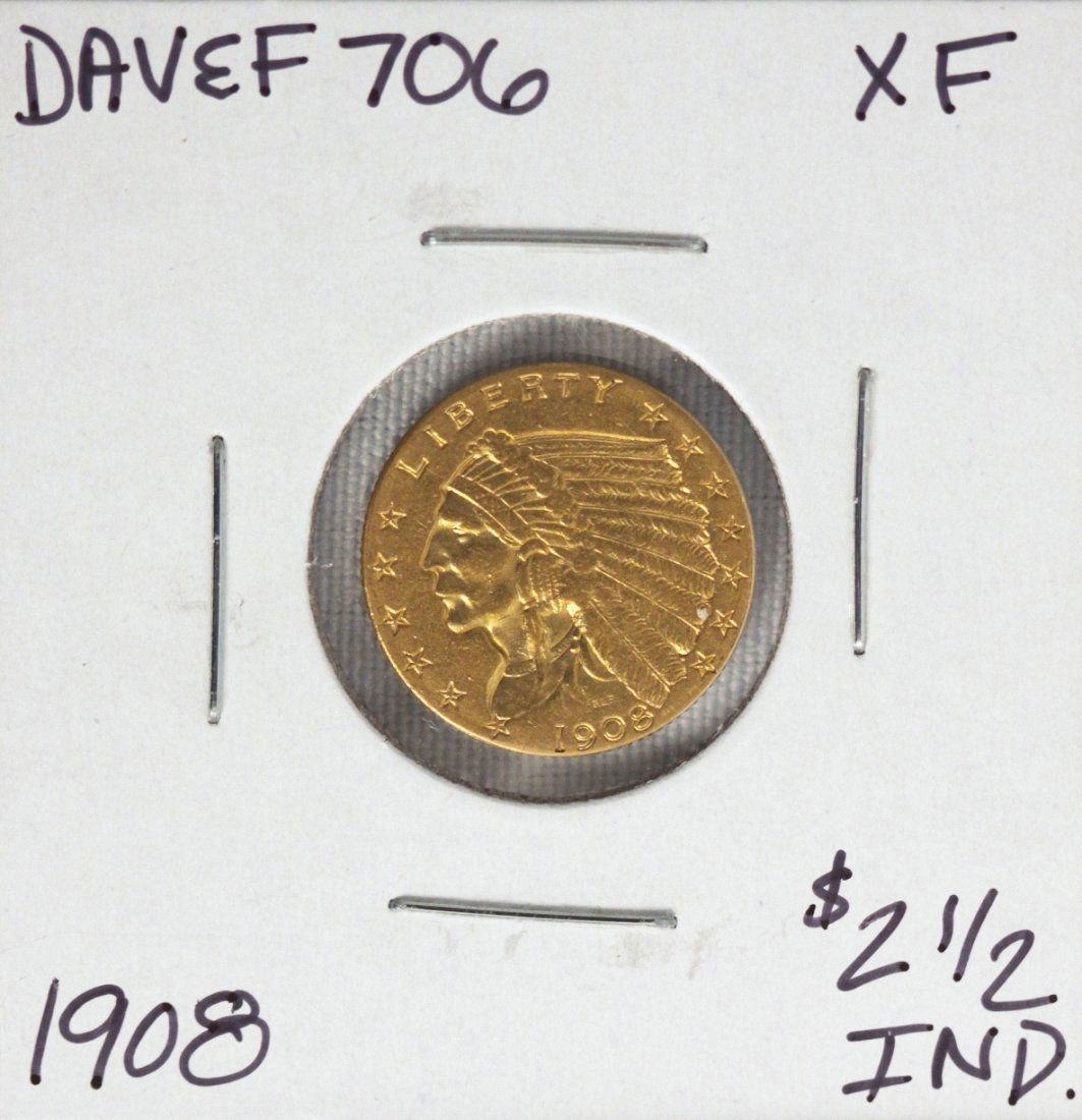 1908 $2 1/2 XF Indian Head Quarter Eagle Gold Coin DAVE: 1908 $2 1/2 XF Indian Head Quarter Eagle Gold Coin DAVEF706. As-is Condition! SA182MN. 1908 $2 1/2 XF Indian Head Quarter Eagle Gold Coin . Thank you for viewing this lot! We are always adding new inv