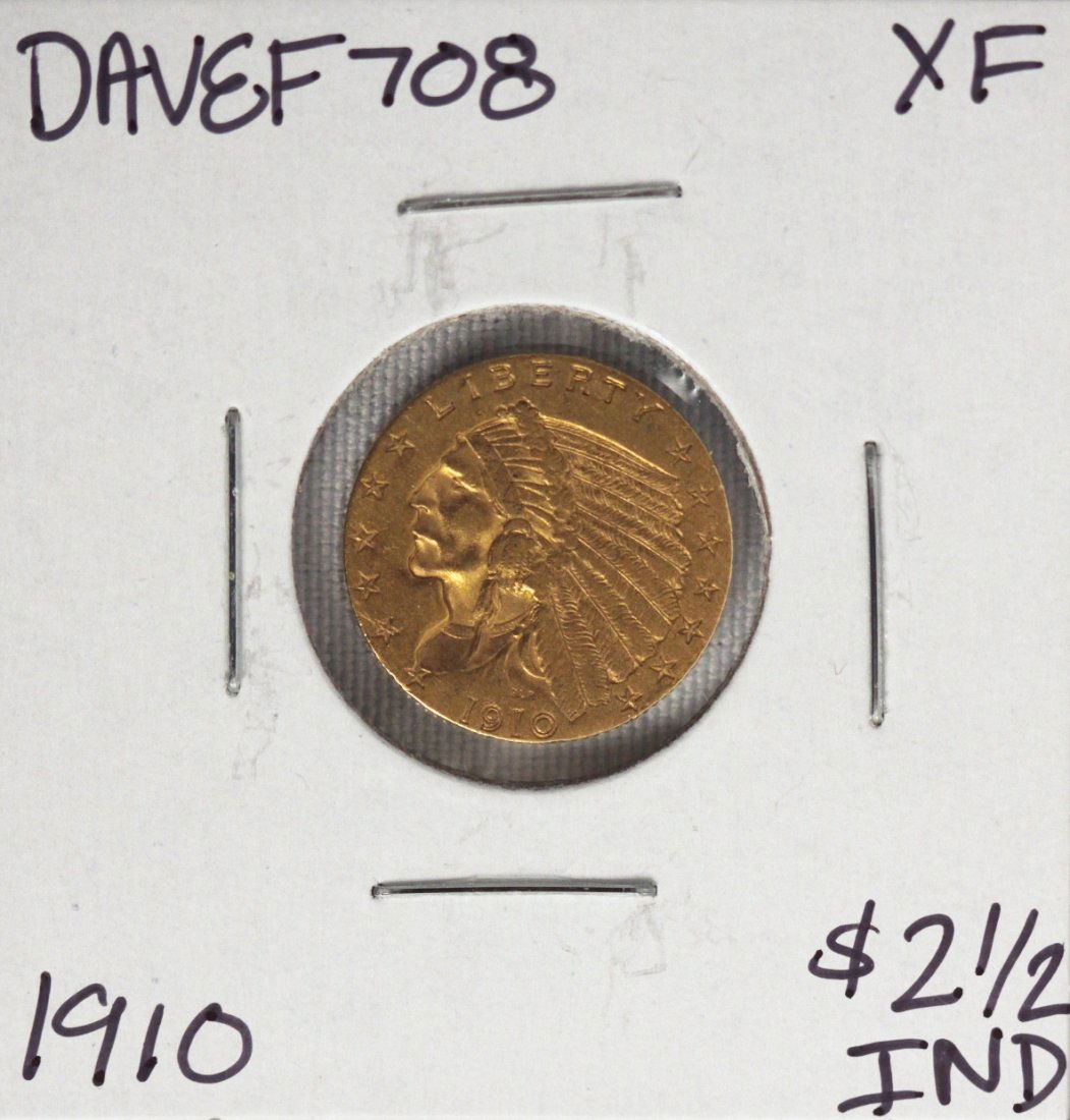 1910 $2 1/2 XF Indian Head Quarter Eagle Gold Coin DAVE: 1910 $2 1/2 XF Indian Head Quarter Eagle Gold Coin DAVEF708. As-is Condition! MN182FJ. 1910 $2 1/2 XF Indian Head Quarter Eagle Gold Coin . Thank you for viewing this lot! We are always adding new inv