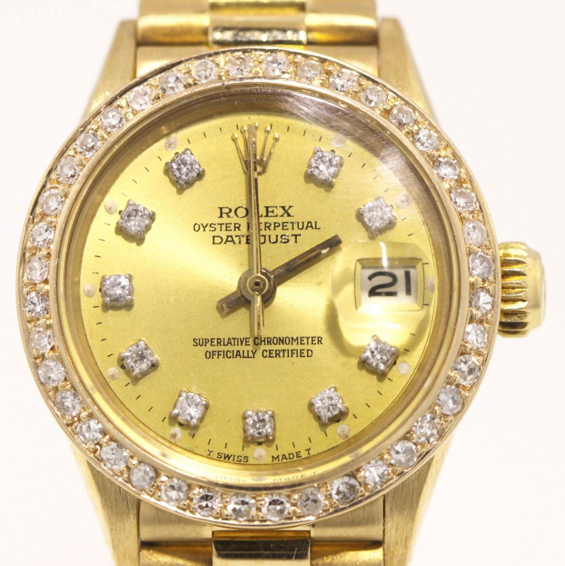 Ladies 18KT Gold Rolex Diamond DateJust Wristwatch A356: Ladies 18KT Gold Rolex Diamond DateJust Wristwatch A3564. Great Condition! LB7015XD. One ladies, hand crafted and machine milled Rolex Lady President the DateJust model wristwatch electronically teste