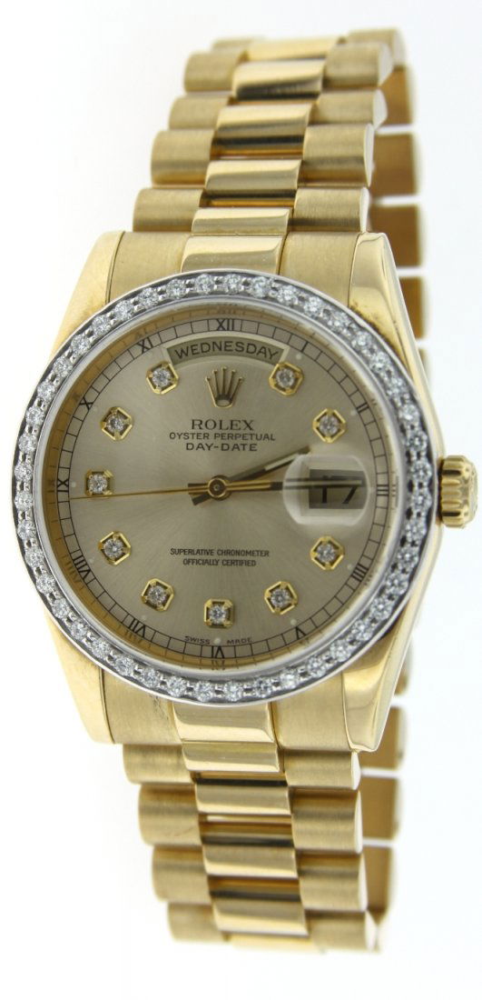 Gents Rolex 18KT Gold w/ Diamonds DayDate Wristwatch A3: "Gents Rolex 18KT Gold w/ Diamonds DayDate Wristwatch A3757. As-Is Condition! TR10811PW. One gents, with original Box and Papers, hand crafted & machine milled Rolex Day Date Mode The President wristw