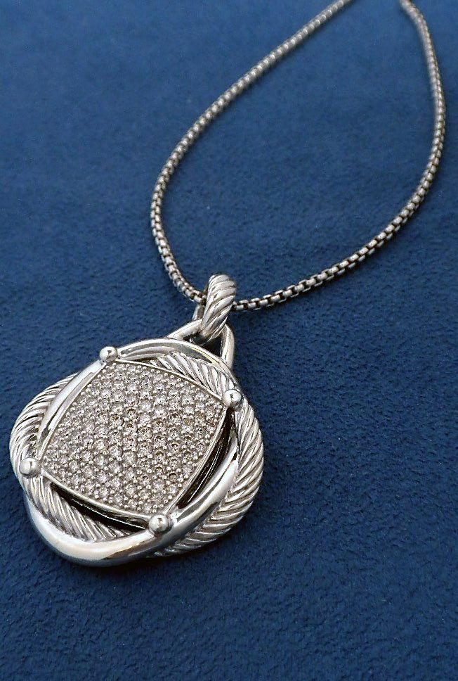 David Yurman 1.74ct Diamond Pendant on Chain GB18: "David Yurman 1.74ct Diamond Pendant on Chain GB18. Great Condition! MB936GW. One electronically tested sterling silver ladies custom cast & assembled diamond pendant with chain. A diamond Infinity ne