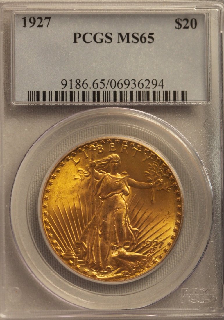 1927 $20 PCGS MS65 Saint Gaudens Double Eagle Gold Coin: "1927 $20 PCGS MS65 Saint Gaudens Double Eagle Gold Coin GFR33. As-Is Condition! SQ1202FH. 1927 $20 PCGS MS65 Saint Gaudens Double Eagle Gold Coin. Thank you for viewing this lot! We are always adding