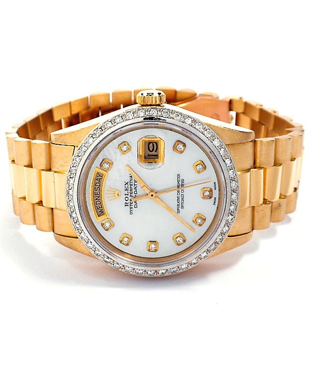 Gents Rolex 18KT Yellow Gold DayDate Wristwatch A3863: "Gents Rolex 18KT Yellow Gold DayDate Wristwatch A3863. Excellent Condition! GH1568YV. One gents, hand crafted & machine milled, Rolex Model The President wristwatch, electronically tested 18KT yellow