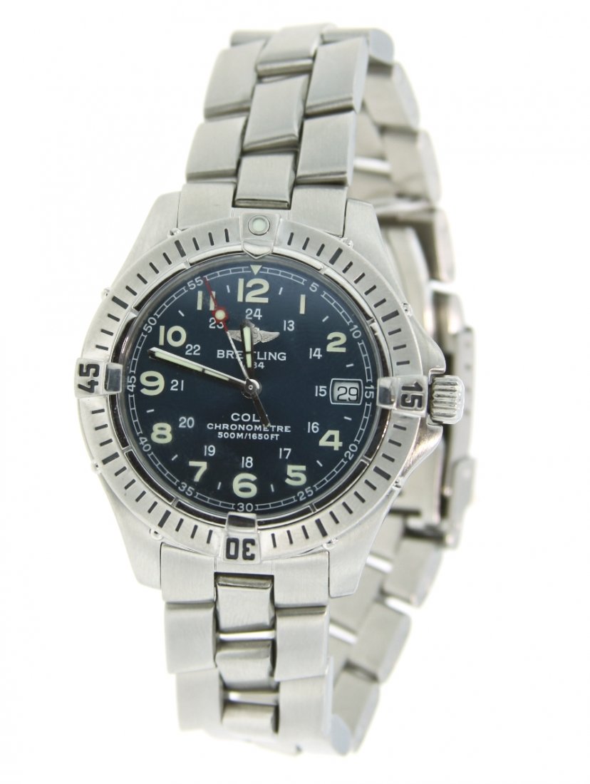 Mens Breitling Colt Wristwatch GB11: "Mens Breitling Colt Wristwatch GB11. Good Condition! KP1001BV. One men's Breitling Colt wristwatch, model A74350. This stainless steel watch features a 37mm case, Swiss movement, date function, sapph