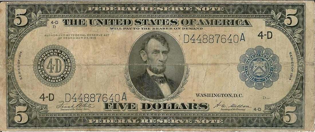 1914 $5 Federal Reserve Bank Note: One 1914 $5 Federal Reserve Bank Note. The serial number is 44887640.