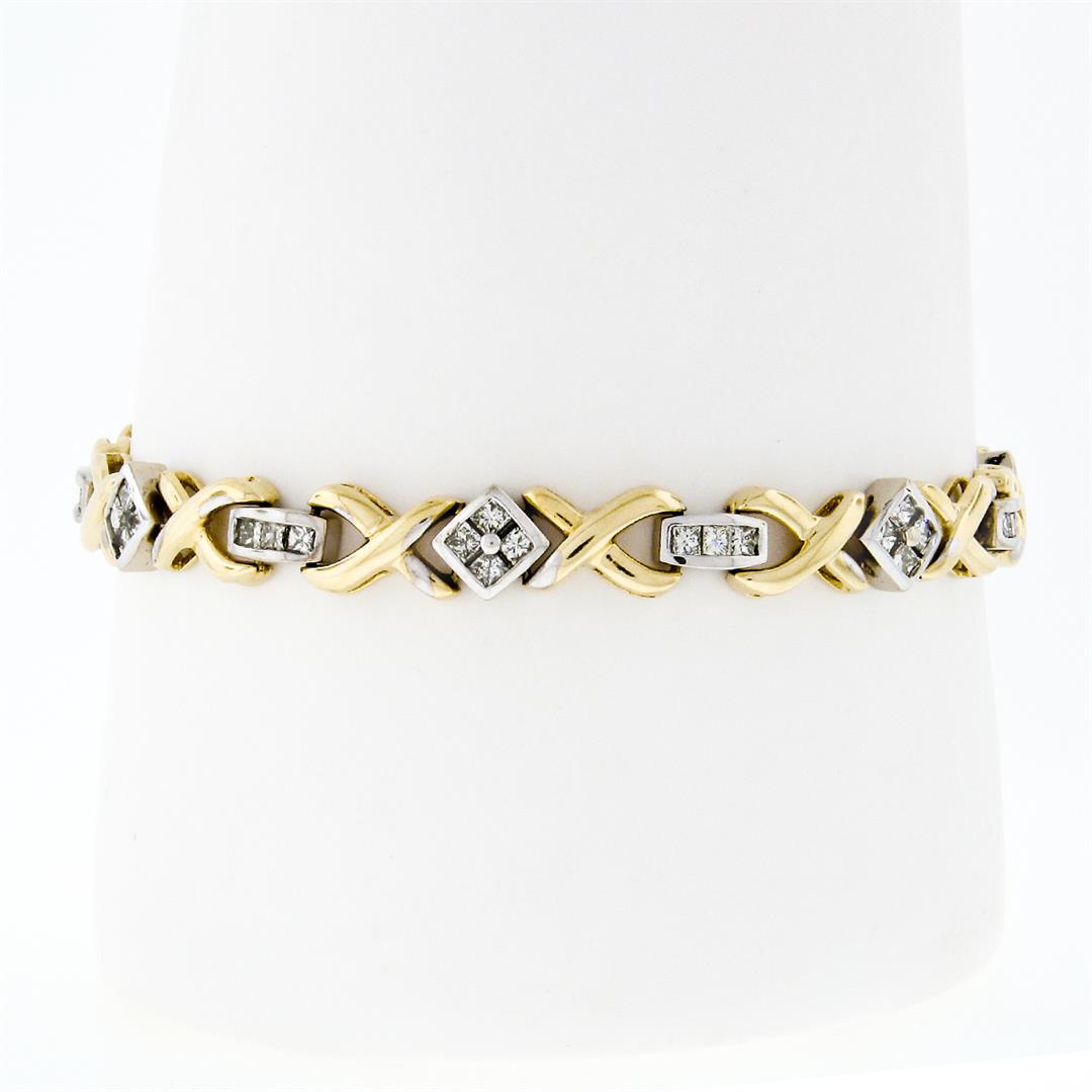 Estate 14K TT Gold Interlocking 3.0 ctw Princess Diamond "X" Link Tennis Bracele: An estate solid 14k yellow & white gold tennis x link bracelet, with 49 princess cut natural diamonds (H/I - VS1/VS2; 3.0ctw). It weighs a total of 15.94 grams, measures 7.20mm wide, and measures 15.9