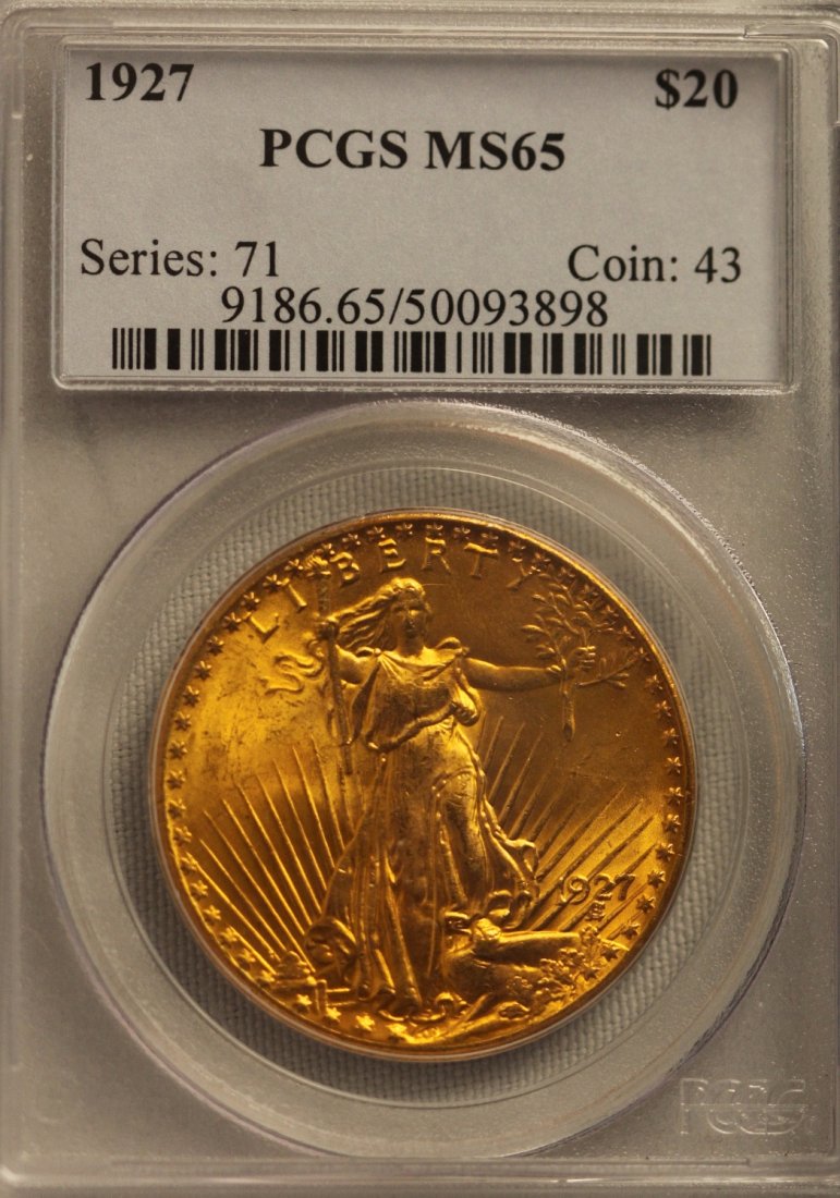 1927 $20 PCGS MS65 Saint Gaudens Double Eagle Gold Coin: "1927 $20 PCGS MS65 Saint Gaudens Double Eagle Gold Coin GOP33. As-Is Condition! KX1202DE. 1927 $20 PCGS MS65 Saint Gaudens Double Eagle Gold Coin. Thank you for viewing this lot! We are always adding
