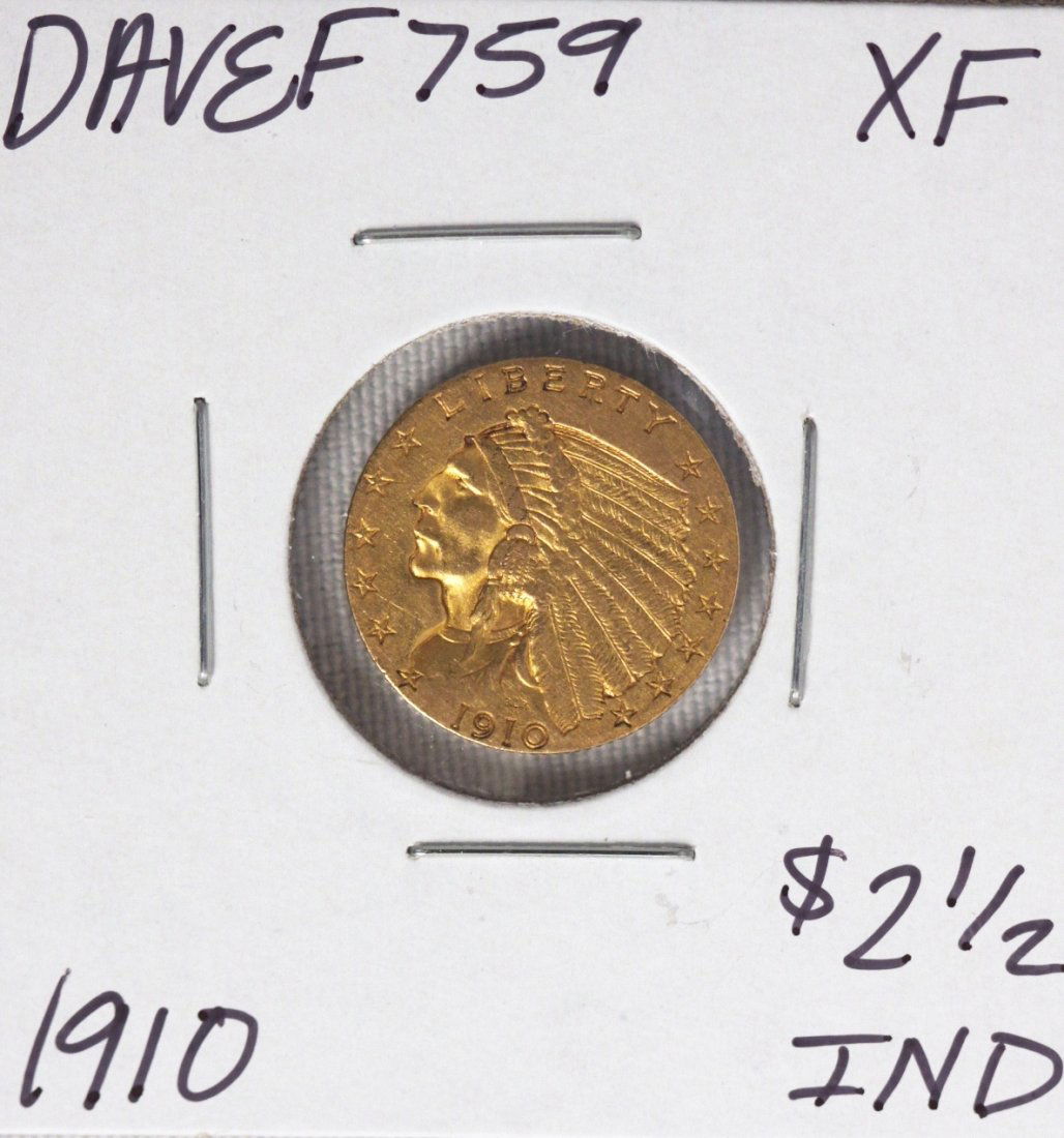 1910 $2 1/2 XF Indian Head Quarter Eagle Gold Coin DAVE: 1910 $2 1/2 XF Indian Head Quarter Eagle Gold Coin DAVEF759. As-is Condition! CX572PM. 1910 $2 1/2 XF Indian Head Quarter Eagle Gold Coin. Thank you for viewing this lot! We are always adding new inve