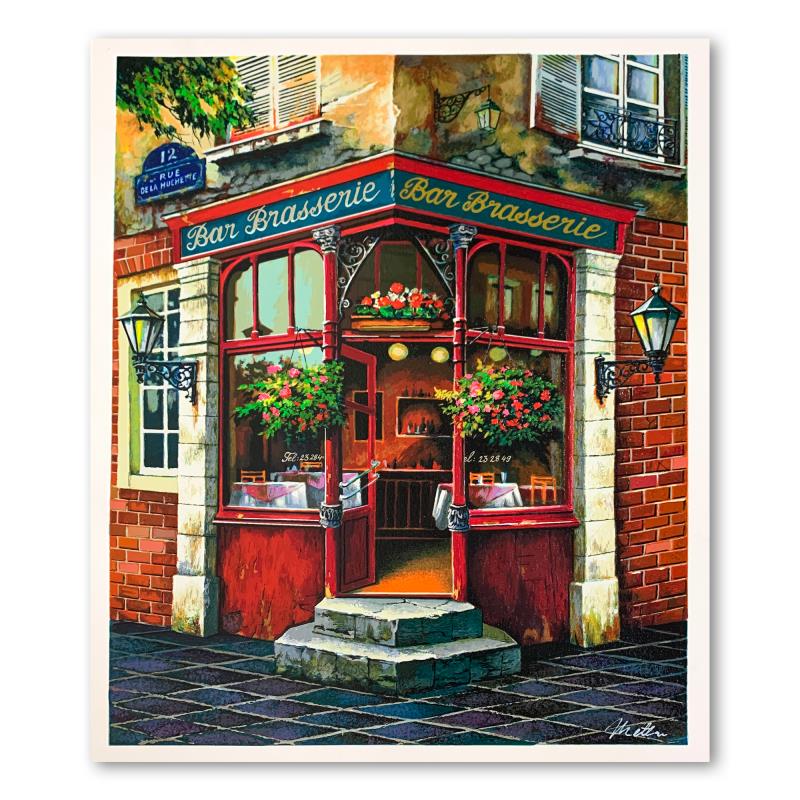 Bar Brasserie by Metlan, Anatoly: "Bar Brasserie" is a limited edition serigraph on paper by Anatoly Metlan, numbered and hand signed by the artist. Includes Letter of Authenticity. Measures approx. 16.5" x 20.5" (image).