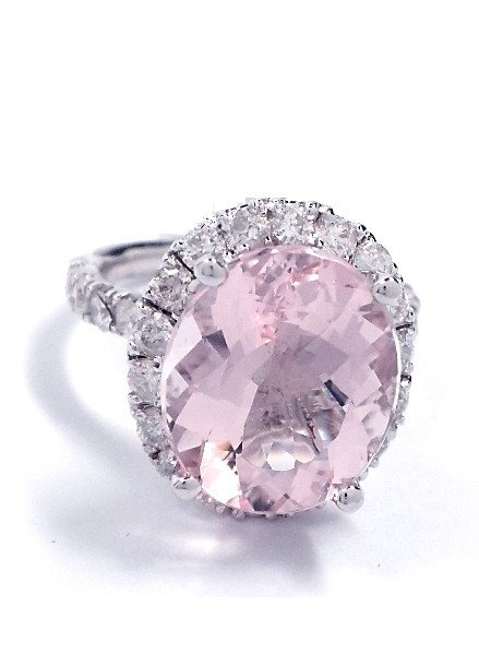 14KT White Gold 7.02ct Morganie and Diamond Ring A3625: "14KT White Gold 7.02ct Morganie and Diamond Ring A3625. New Condition! HL499AK. One electronically tested 14KT white gold ladies cast and assembled morganite and diamond ring with a bright polish fin