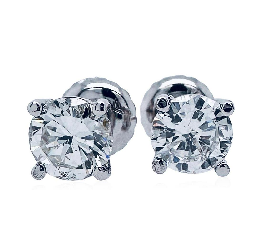 1.00 ctw Diamond Stud Earrings - 14KT White Gold: One pair electronically tested 14KT white gold lady's combination cast assembled fashion stud earrings with threaded posts and screw-on/screw-off backs with four prong basket with bright polish finish