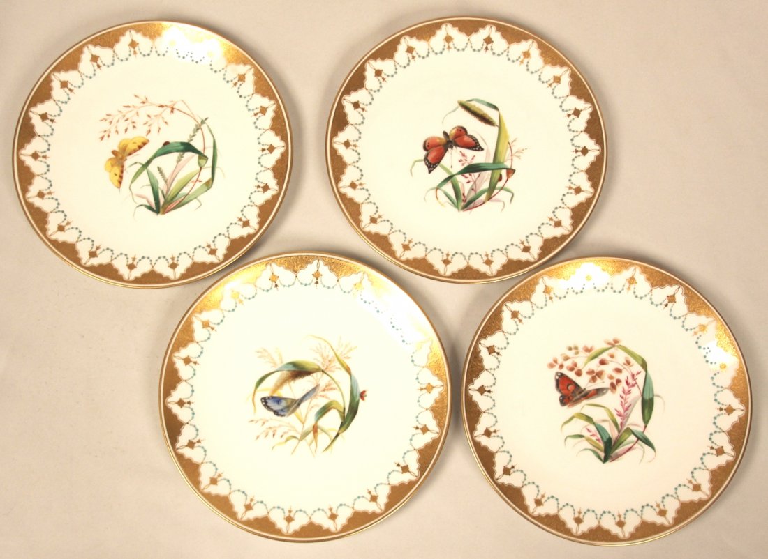 Antique Set of 4 MINTON Gilt and Enamel Butterfly Plate: "Antique Set of 4 MINTON Gilt and Enamel Butterfly Plates ED1249. Excellent Condition! YU1001RC. Antique set of 4 MINTON butterfly plates circa 1863-1872. Hand painted - butterflies, leaves with an ex