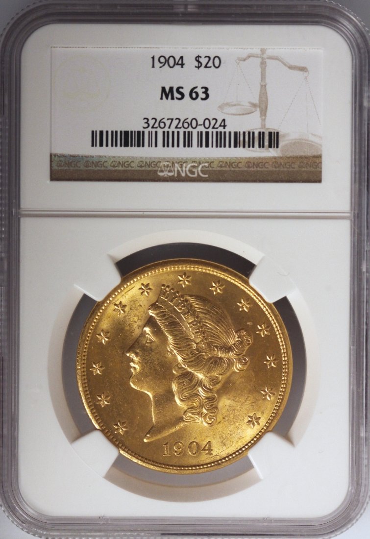 1904 $20 NGC MS63 Liberty Head Double Eagle Gold Coin D: 1904 $20 NGC MS63 Liberty Head Double Eagle Gold Coin DAVEF796. As-Is Condition! PC5481DF. 1904 $20 NGC MS63 Liberty Head Double Eagle Gold Coin. Thank you for viewing this lot! We are always adding n