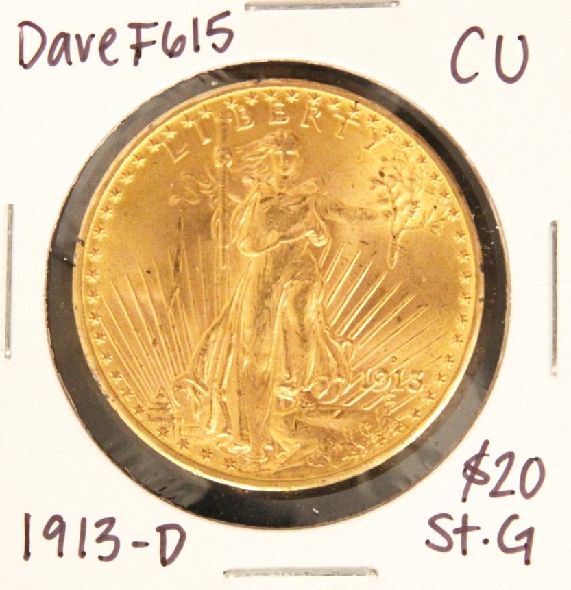 1913-D $20 CU St. Gaudens Double Eagle Gold Coin DaveF6: 1913-D $20 CU St. Gaudens Double Eagle Gold Coin DaveF615. As-Is Condition! EP8681ST. 1913-D $20 CU St. Gaudens Double Eagle Gold Coin. Thank you for viewing this lot! We are always adding new invento