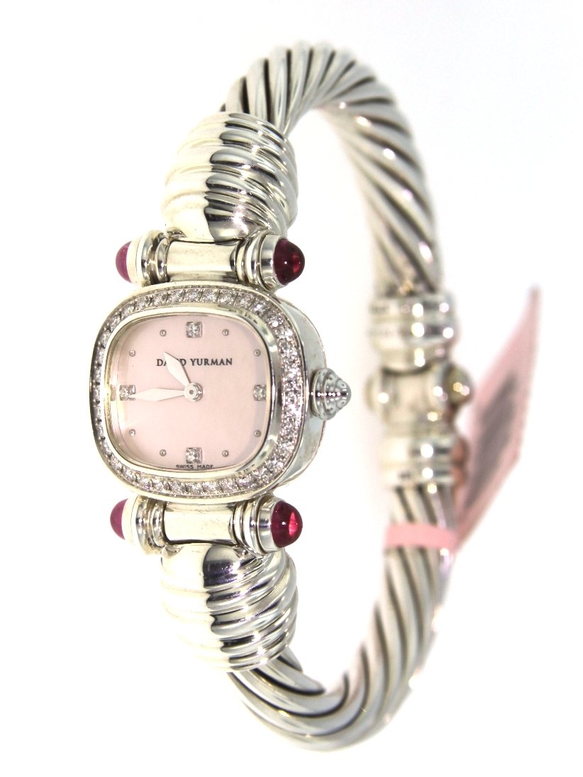 David Yurman MOP Sterling Silver Watch w/ 0.58ct Diamon: David Yurman MOP Sterling Silver Watch w/ 0.58ct Diamonds & Pink Tourmaline ED1293. Excellent Condition! OB2202TK. One David Yurman sterling silver watch. This brand new watch is stamped with David Yu