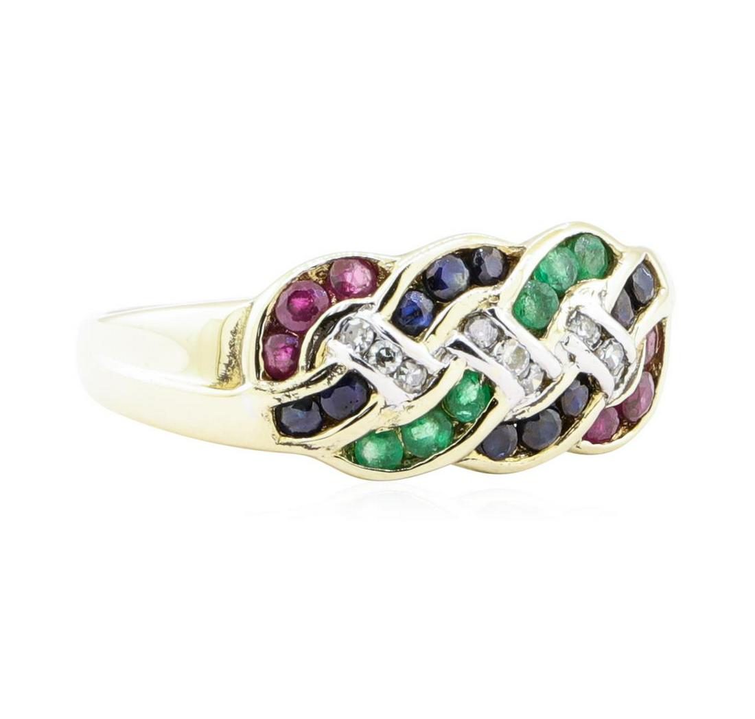 1.38 ctw Multi-colored Gemstone Ring - 14KT Yellow Gold: One electronically tested 14KT yellow gold lady's cast fashion woven motif ring with a bright polish finish. The featured lady's ring has a shank measuring 2.30 millimeters in width. Identified with m
