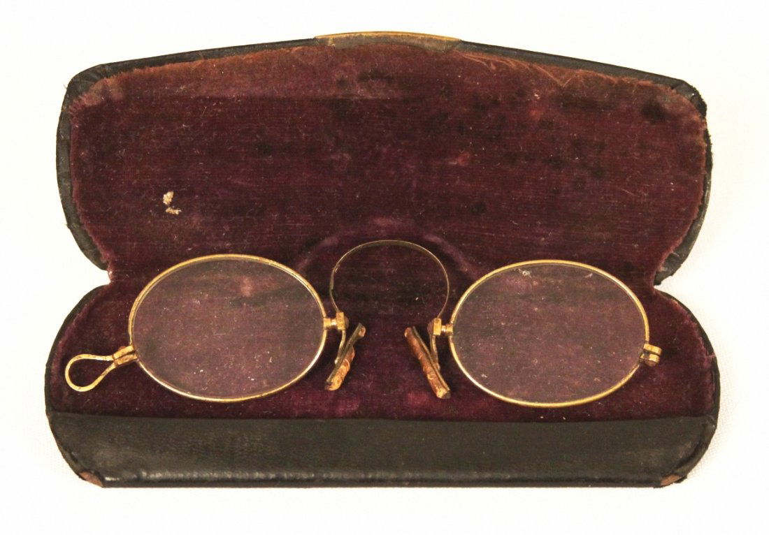 Antique Brass Pince-nez Eyeglasses Circa 1870 ED1181: "Antique Brass Pince-nez Eyeglasses Circa 1870 ED1181. Very Well Preserved Condition! NT14QM. This pair of old spectacles with original box is made in the 1870s-18900s, Boston. The frame is made of br