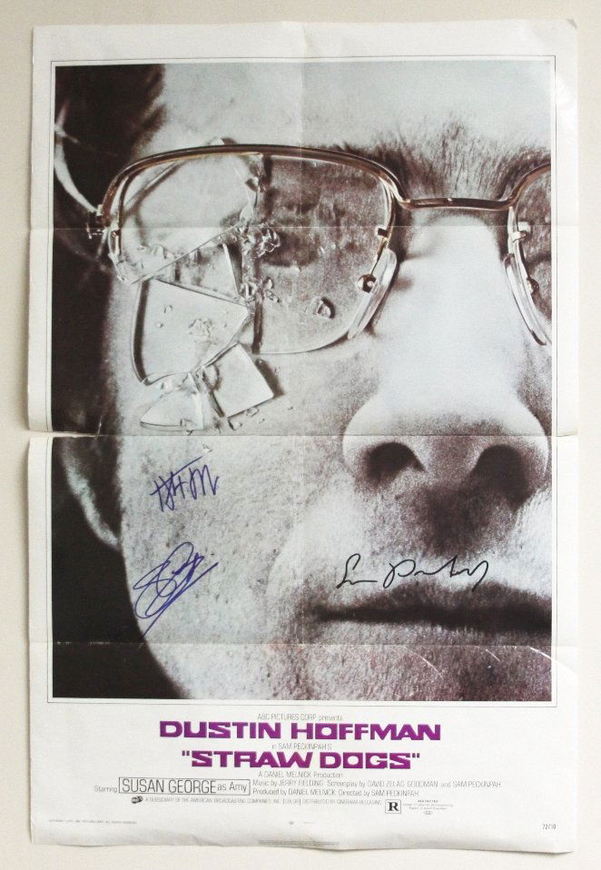 "Straw Dogs" Autographed Movie Poster SM49: ""Straw Dogs" Autographed Movie Poster SM49. As-Is Condition! XN15LD. This poster of the movie "Straw Dogs" is autographed by Dustin Hoffman, Susan George, AND Sam Peckinpah! Unframed. Thank you for v