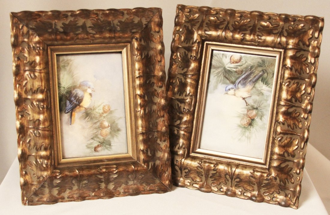 Antique Set of Limoges Porcelain Plaques ED1241: "Antique Set of Limoges Porcelain Plaques ED1241. Good Condition! FD102CR. Antique set of Limoges plaques painted with blue birds and pine trees - by T & V Limoges France. Stamps mark 5 in green 1892-
