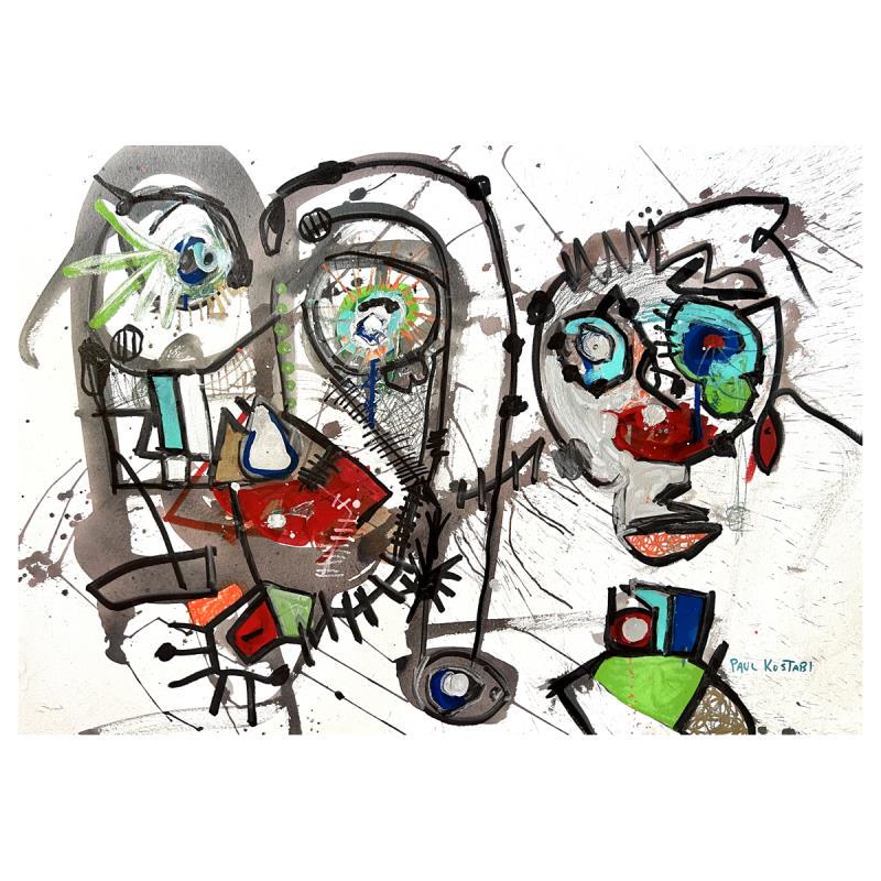 Holding On To Our Dream by Kostabi Original: "Holding On To Our Dream" is an original painting, mixed media on paper by Paul Kostabi. The piece comes hand signed by the artist and with a letter of authenticity. Measures approximately 29" x 41".