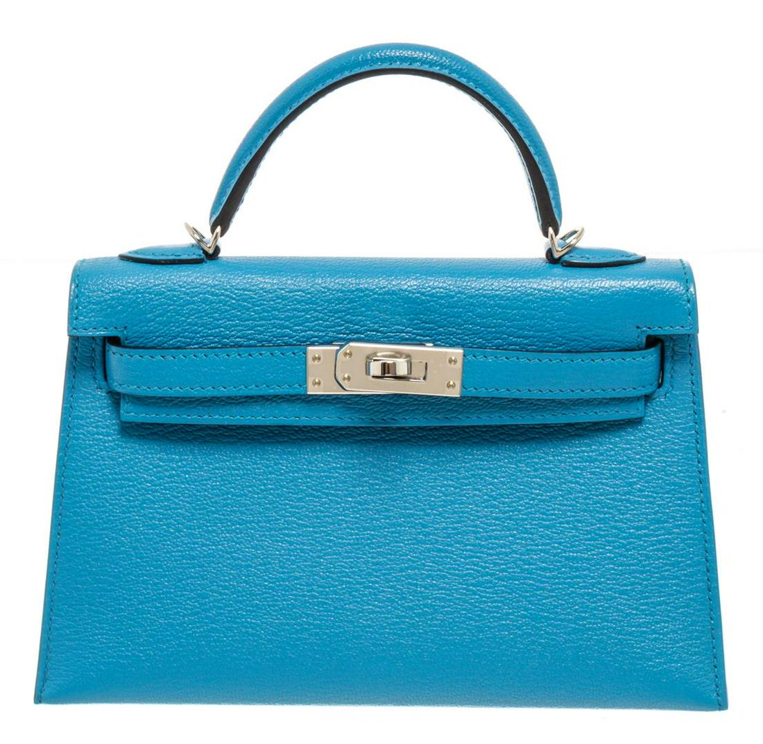 Hermes Bleu Frida Chevre Mini Kelly: One Hermes Bleu Frida Chevre Mini Kelly. Item is sold AS-IS. All available information is listed in the description and shown in the photo. Hermes Bleu Frida Chevre Mini Kelly with palladium plated, t