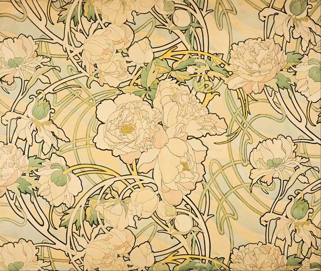Alphonse Mucha - Peonies: Artist: Alphonse Mucha - Title: Peonies - Medium: Fine Art Giclee on Canvas - Image Size: Approximately 27 inches x 32 inches - Unframed on Unstretched Canvas - Biography: Alphonse Mucha 24 July 1860
