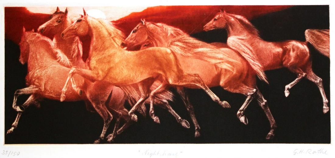 Night Chase by G.H. Rothe: Night Chase by G.H. Rothe is a framed mezzotint #35/150 of glowing horses running at sunset. The size is 16"x 23 3/4".