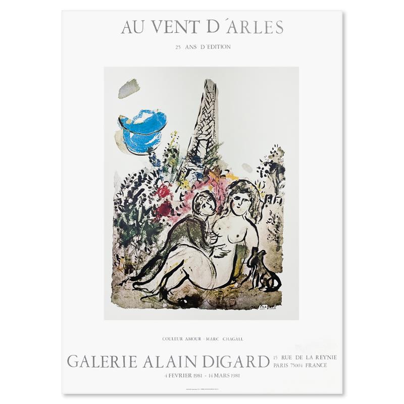 Couleur Amour by Chagall (1887-1985): "Couleur Amour" is a vintage poster on paper by Marc Chagall (1887-1985). Measures approx. 22.5" x 30" (image). There may be very minor imperfections on the paper but the piece is in good condition.